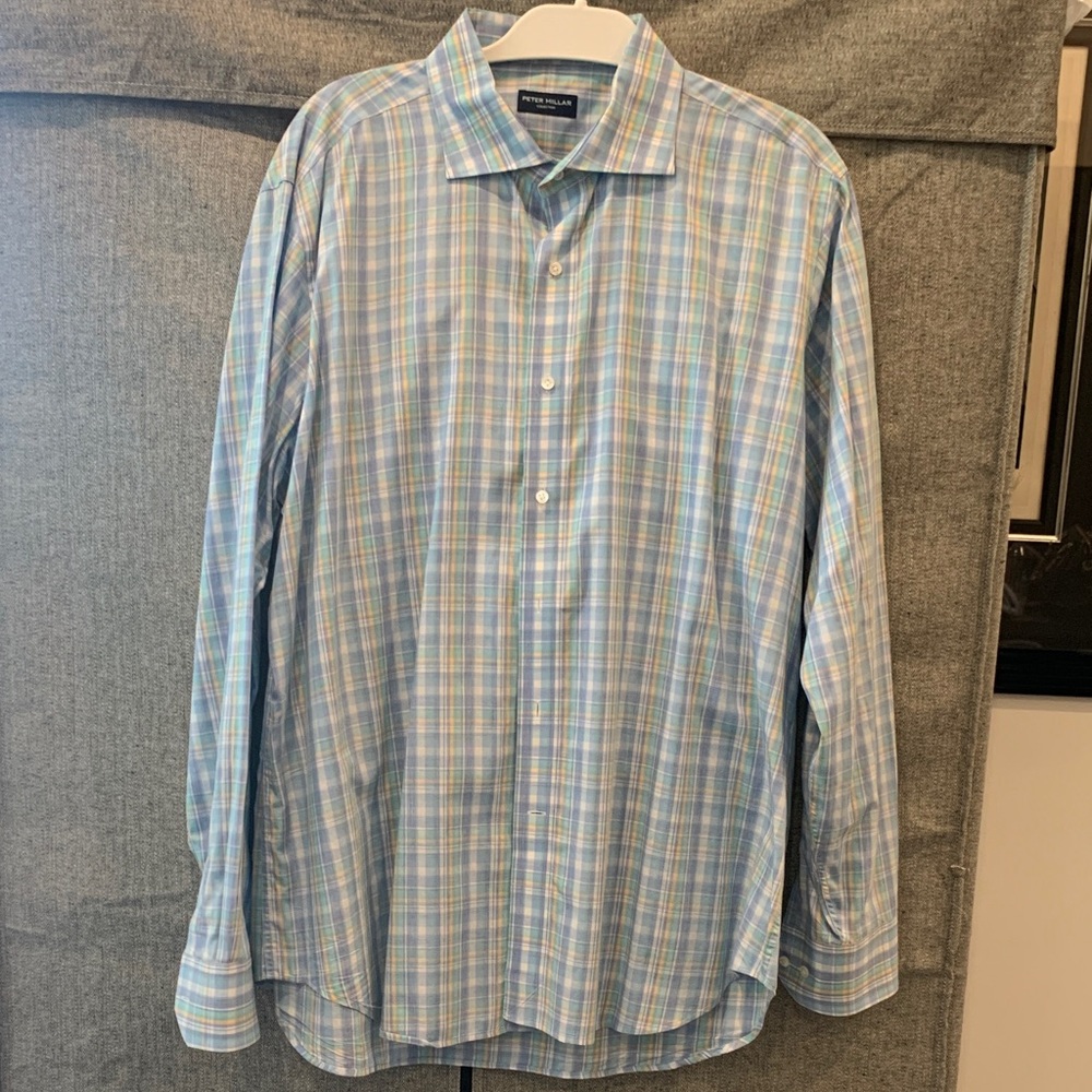Peter Millar Blue Plaid Men's Dress Shirt. XL